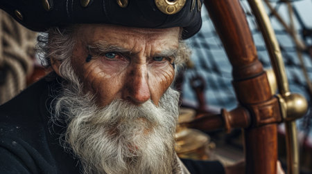 Portrait of an old man on the deck of a sailing shipの素材