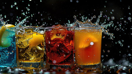 Colorful cocktails with ice cubes and splashes on black backgroundの素材