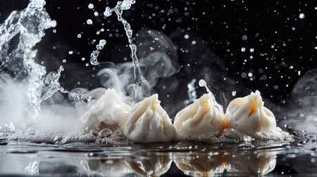 Chinese steamed dumplings on black background with water splashesの素材