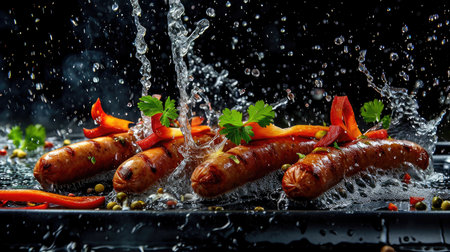 Grilled sausages with vegetables and water splash on black backgroundの素材