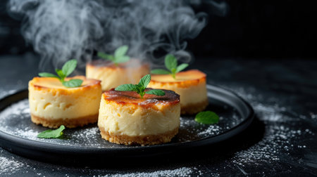 Cheesecake with caramel and mint on a black background, selective focusの素材