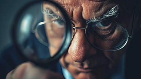Portrait of an elderly man looking through a magnifying glassの素材