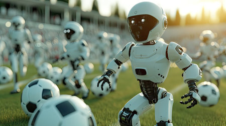 Humanoid robot playing soccer at stadium with green grassの素材