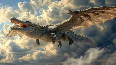 A fantastic crocodile flying through the sky with the cloudsの素材