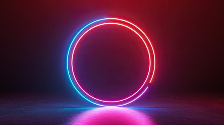 Neon circle. Glowing neon circle on a dark backgroundの素材