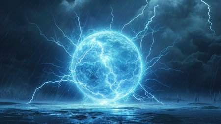 Blue planet in the stormy sky with lightningの素材