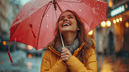 Portrait of a happy young woman in a raincoat with an umbrella on a rainy dayの素材