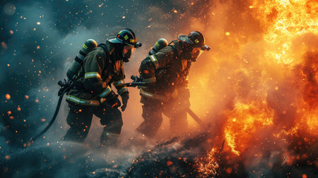Firefighters fighting a fire in a burning forest. Firefighters fighting a fireの素材