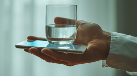 Male hand holding a smartphone with a glass of water in the backgroundの素材