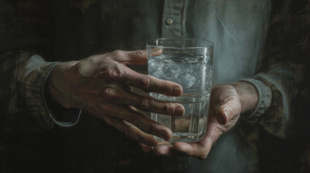Hands of old man holding a glass of water. Vintage styleの素材