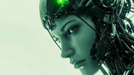 Cyborg woman face with green light on white backgroundの素材
