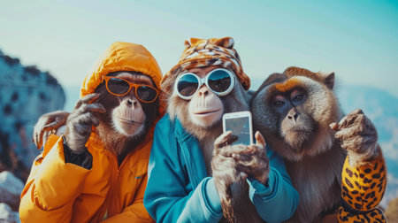 Group of monkeys taking selfie with mobile phone while sitting on the mountainの素材