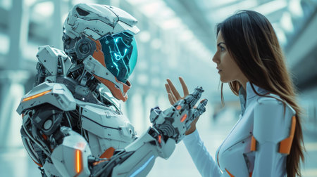 Side view of two female robots touching each other while standing in corridorの素材