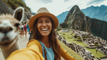 Traveler woman taking selfie in Machu Picchu, Peruの素材