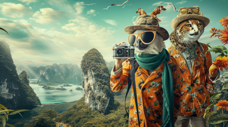 An owl and a cat with a camera on the background of the sea and mountainsの素材