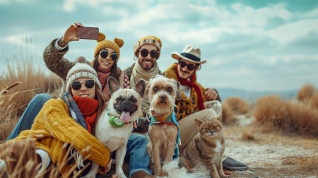 Group of friends taking a selfie with their dogs in the fieldの素材