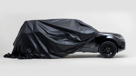 Black car covered with a plastic wrap on a white backgroundの素材