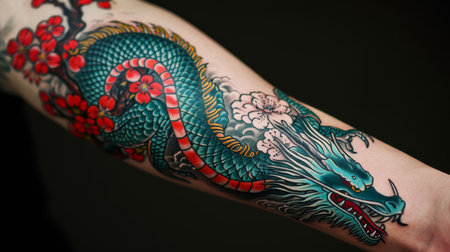 Tattoo art, close-up of a female hand with colorful patternsの素材