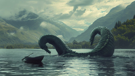 Fantasy landscape with a dragon in the waterの素材