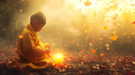 Little monk in the autumn forest with a burning candle and falling leavesの素材