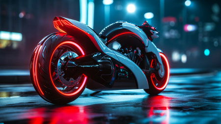Close-up of electric motorbike in neon lightの素材
