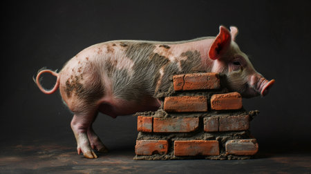 Piggy on a brick chimney, studio shot on dark backgroundの素材