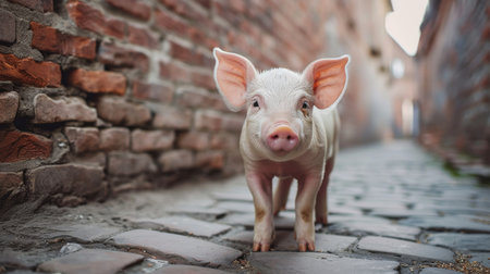 Cute little pig standing on the street and looking at the cameraの素材