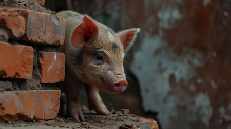 Little piglet on a red brick background. Piglet in the villageの素材