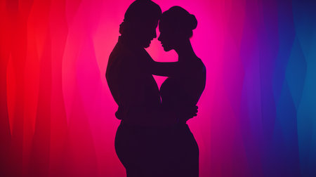 Silhouette of a pregnant woman with her husband on a colorful backgroundの素材