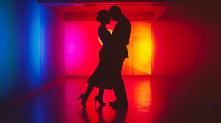 Silhouette of a loving couple dancing in the room illuminated by colored lightsの素材