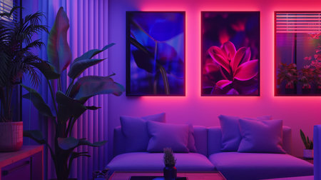 Modern interior design of living room with purple and blue walls, sofa and plantsの素材