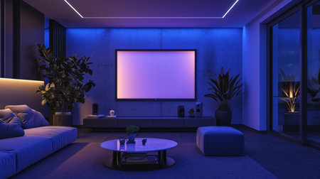 Interior of a modern living room with a blue sofa, a coffee table and a TV on the wallの素材