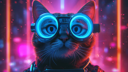 Portrait of a cat with glasses and neon lights on the backgroundの素材
