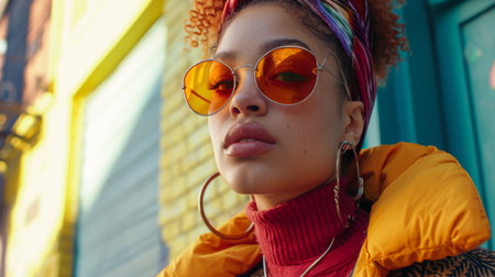 Beautiful african american girl with dreadlocks in yellow coat and sunglassesの素材