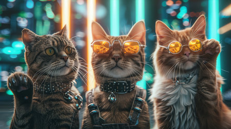 Group of three cute cats with sunglasses on the background of night cityの素材