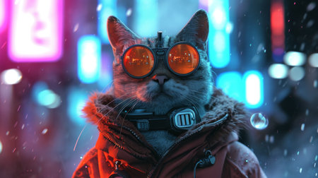 Funny cat wearing aviator glasses on the background of night cityの素材
