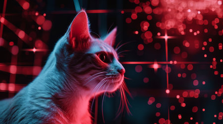 Portrait of a cat with red lights on a black backgroundの素材