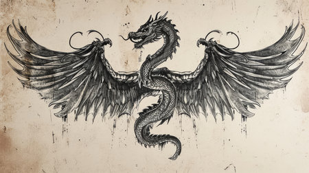 Dragon tattoo on paper background. Hand drawn illustration. tattoo artの素材