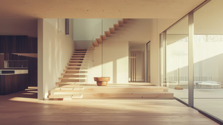 Interior of modern living room with white walls, wooden floor, loft window and wooden staircaseの素材