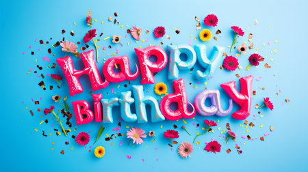 Happy birthday card with colorful flowers and confetti on blue backgroundの素材