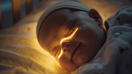 Newborn baby boy sleeping in the crib at night with a warm lightの素材