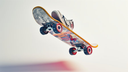 Sneakers on a skateboard flying in the air on a white backgroundの素材