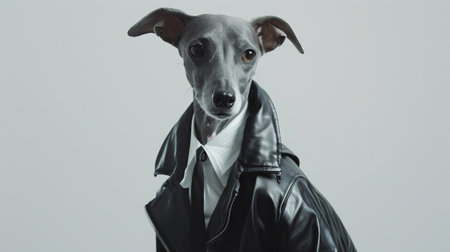 Portrait of a greyhound dog in a leather jacket on a white backgroundの素材