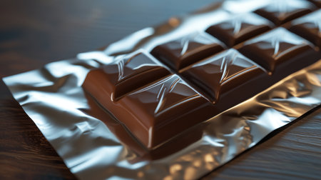 Close up of chocolate bar on a wooden table. Selective focusの素材