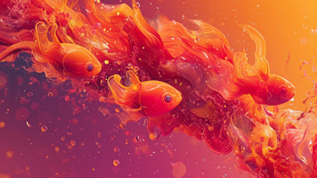 Illustration of goldfish in water with fire effect. Abstract backgroundの素材