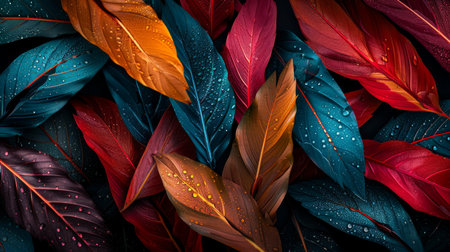 Colorful leaves background, top view, flat lay, close upの素材