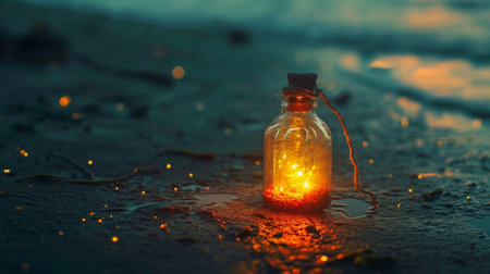 A small bottle with a light inside on a wet beach in the eveningの素材