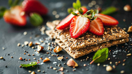 Crispbread with sesame seeds, fresh strawberries and nuts on black backgroundの素材