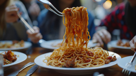 Spaghetti with tomato sauce and cheese on a plate in a restaurantの素材
