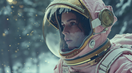 Portrait of a female astronaut in a helmet on the background of the winter forestの素材